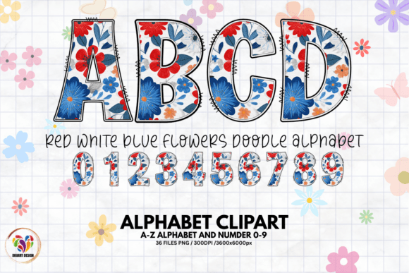 Red White Blue Flower Doodle Alphabet: A Charming Typeface for Creative Projects
