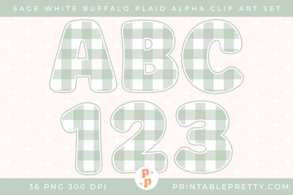 Sage White Buffalo Plaid Alphabet PNG for Soft, Modern Design