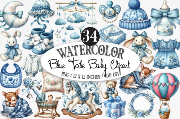 Watercolor Blue Toile Baby Clipart: A Design Asset for Delicate Projects