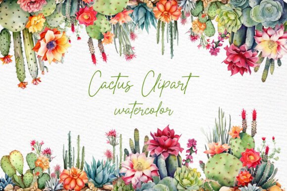 Watercolor Desert Florals: Blooming Cactus Clipart for Modern Design